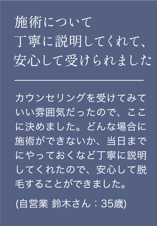 施術について丁寧に説明してくれて、安心して受けられました